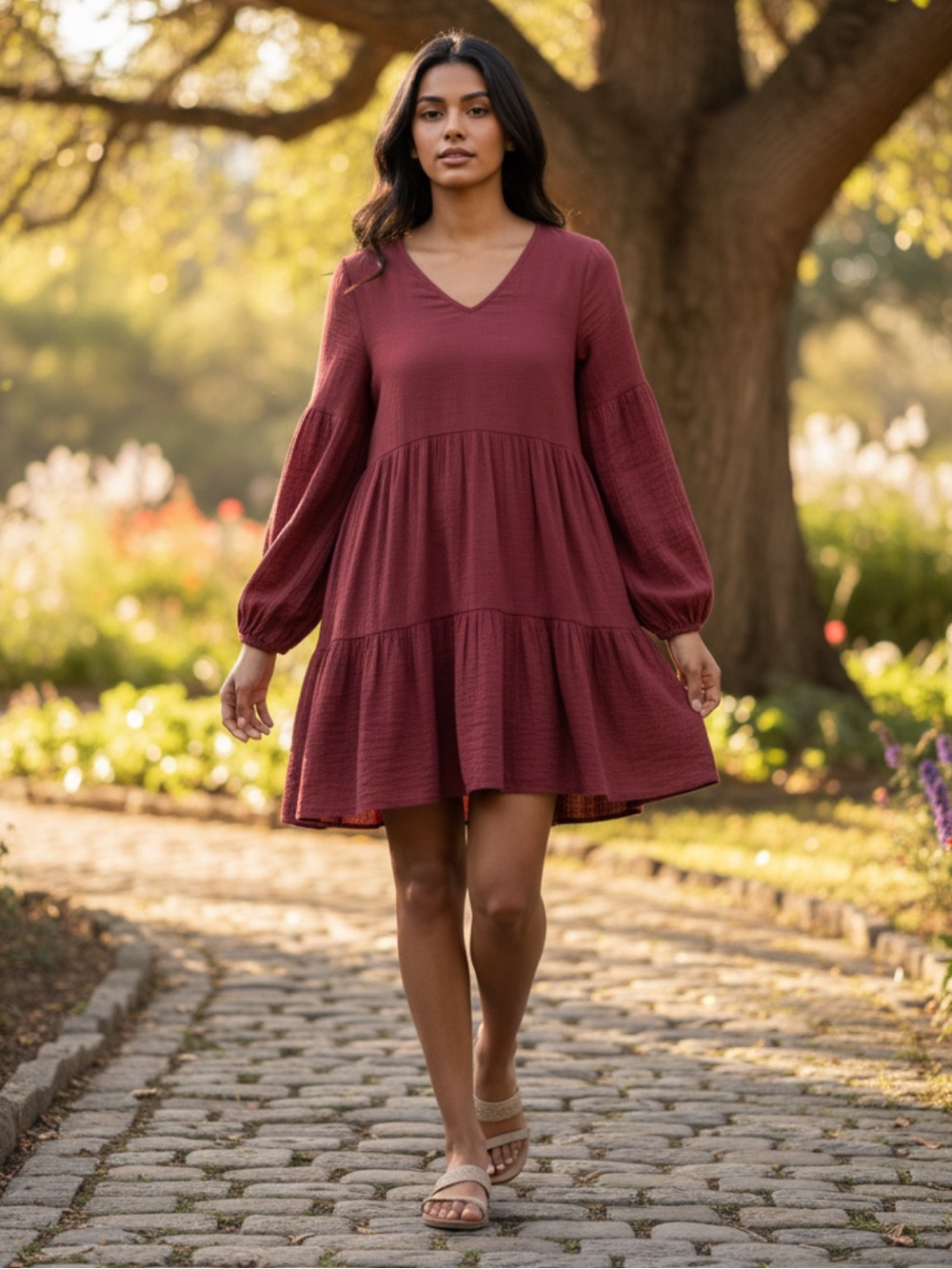MISSLOOK Burgandy Red Wine V-Neck Tiered Babydoll Long Sleeve Dress R $49